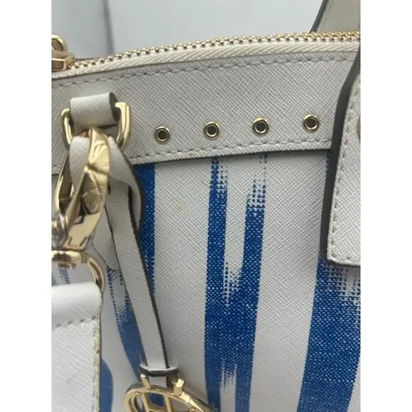 RARE Henri Bendel W 57th Ikat Satchel Tote Blue White & Bag Charm Coastal Chic - Picture 7 of 9